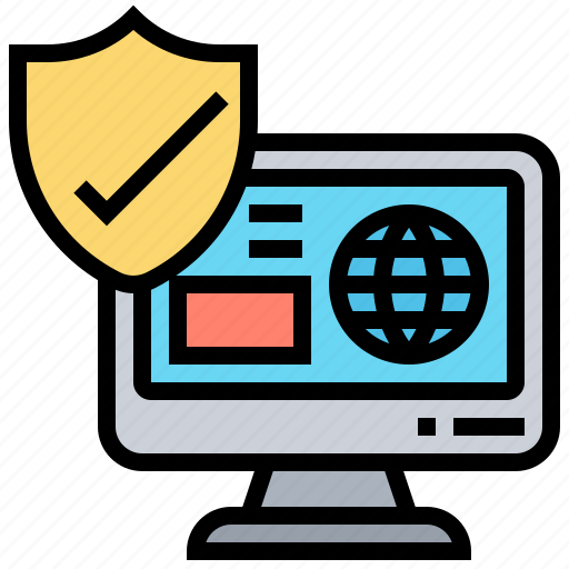 Checked shield with computer in the background
